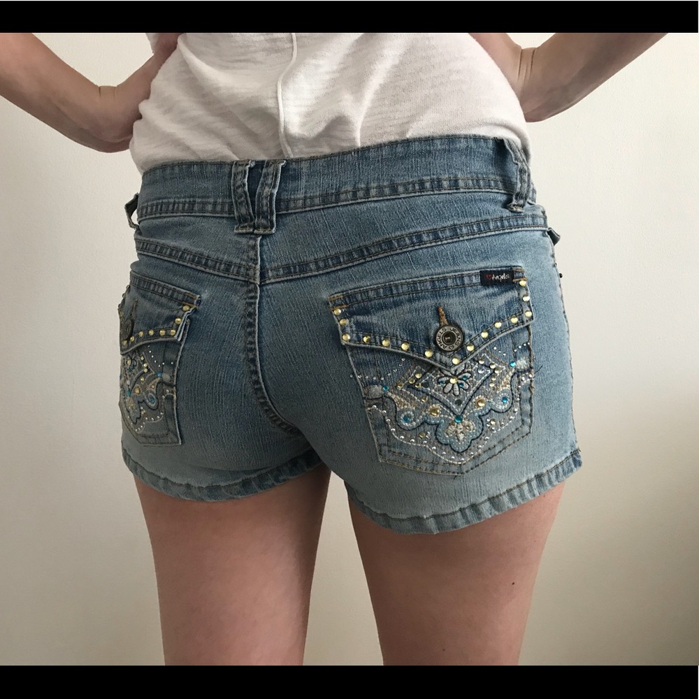 Light Wash Jean Shorts with Jeweled Pockets